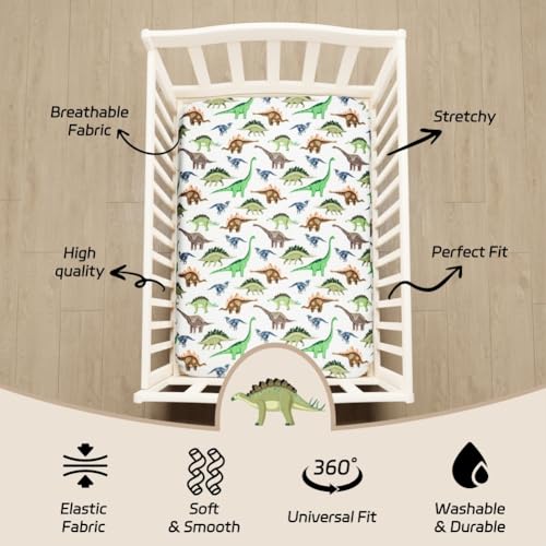 4 Pack Baby Boy Crib Sheets Set Soft Fitted Baby Boy Mattress Covers Construction Truck or Dinosaur Theme Breathable Toddler Sheets for Infant Boys (Dinosaur, Crib Sheets)