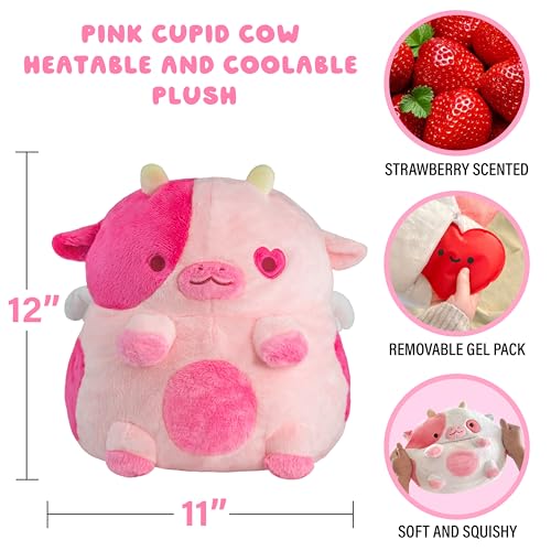 Image of Cupid Cow Heatable Plush for Period Cramp Relief & Emotional Support, Microwavable Soft Toy Plushies, Coolable Stuffed Animal for Anxiety, Valentine's Day Gift for Pain Relief (Cupid Strawberry)