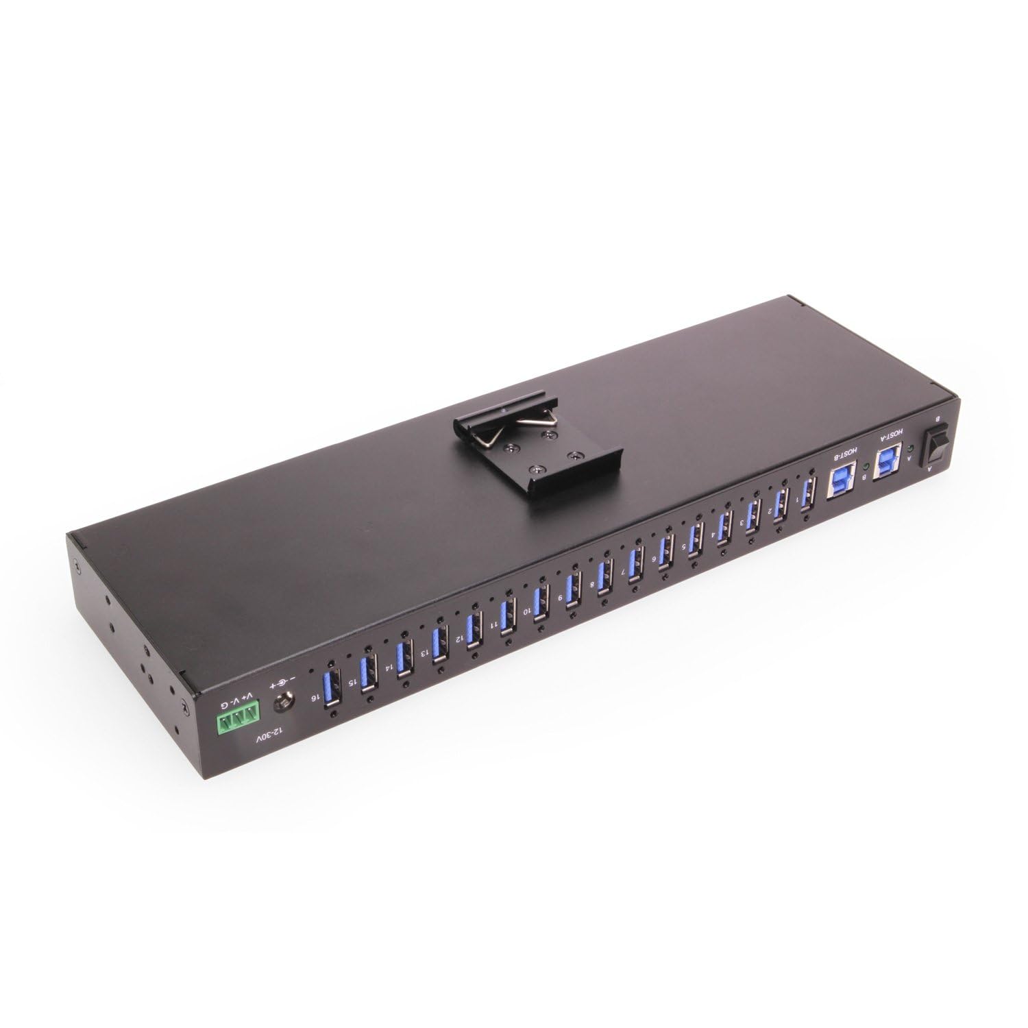 Gearmo Hub USB de montaje en rack de 16 puertos, puertos USB 3.0 tipo A, puertos dobles ascendentes, velocidad de 5 Gbps, protección contra sobretensiones ESD, concentrador USB industrial de 1U