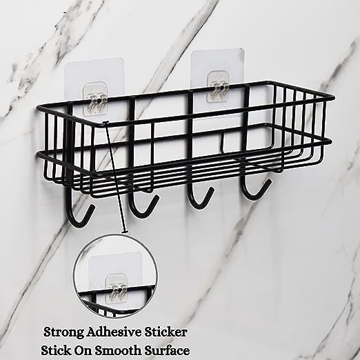 Image of ARQUIN Bathroom Organizer Without Drill Wall Shelf Self Adhesive Bathroom Shelf for Wall with Magic Stickers GI Steel Bathroom Accessories Set - Pack of 1 (Black, CED Powder Coated)