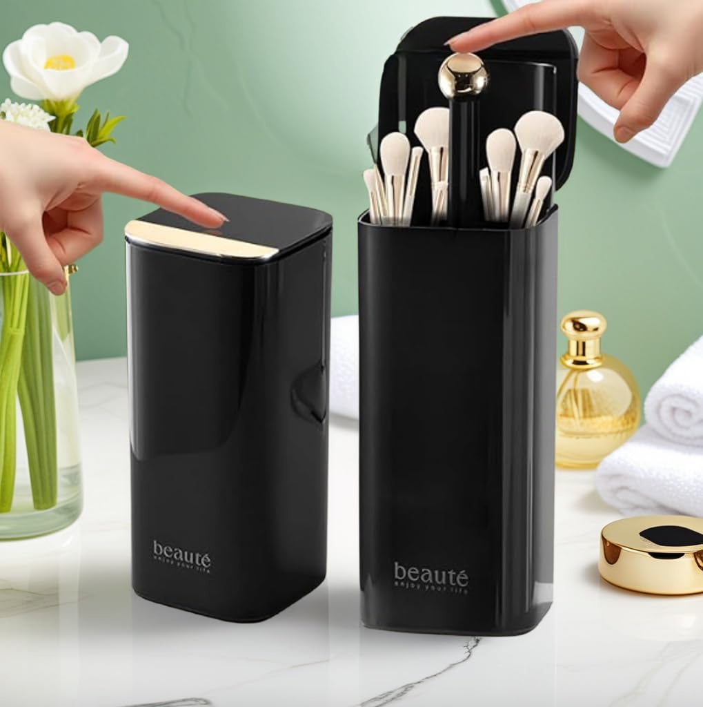 Organizador portátil de brochas de maquillaje de un solo toque con tapa, diseño abierto de 4 compartimentos, impermeable y a prueba de polvo, caja de almacenamiento de cosméticos para tocador de baño