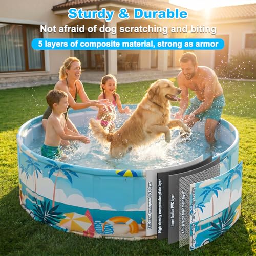 Image of Foldable Swimming Pool for Kids 78.7 inchx17.7 inch Hard Plastic Portable Dog Pool Anti-Slip Collapsible Large Kiddie Pool Indoor Outdoor Backyard (Beach Party 79'')