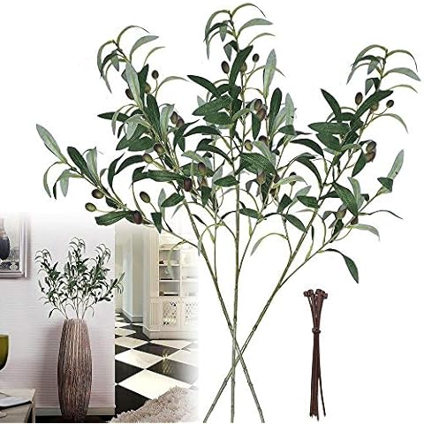 28-Inch Artificial Olive Branches Plants Stems Fake Plants Green Leaves Fruits Branch Leaves for Home Office ndoor Outside DIY-Wreath Decor (3pcs) Cover