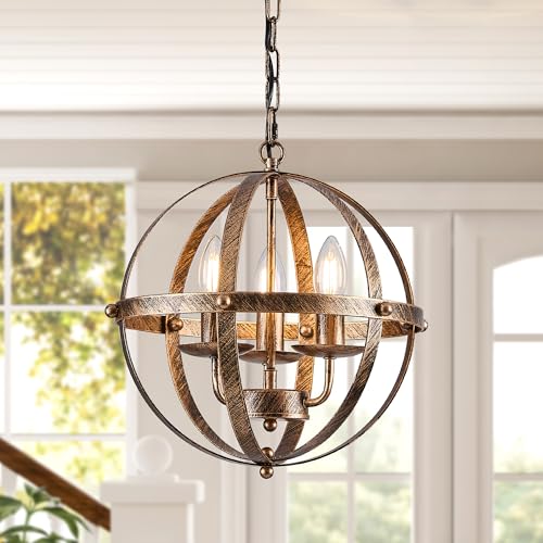 Ganeed Suspension industrielle globe ferme éclairage lustre vintage sphérique suspendu plafonnier pour îlot de cuisine table à manger E14 bronze 3 lumière