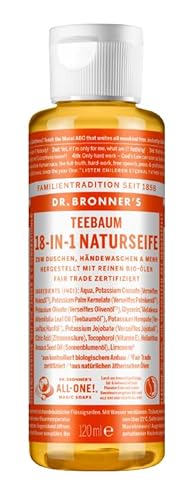 Dr. Bronners 18-IN-1 Naturseife | Organic Flüssigseife | Teebaum Mit ätherischem Bio Teebaumöl | Duschgel, Handseife, Shampoo und vieles mehr | Mit Bio Kokos-, Oliven- und Jojobaöl | 120 ml