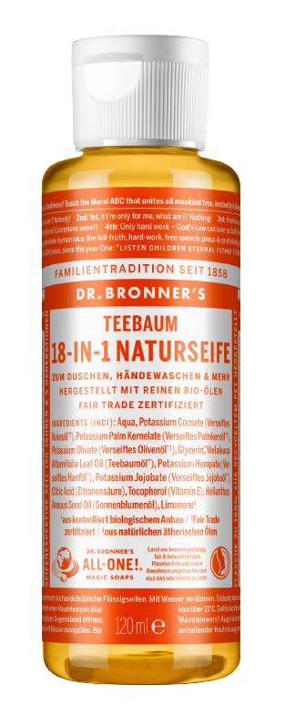Dr. Bronners 18-IN-1 Naturseife | Organic Flüssigseife | Teebaum Mit ätherischem Bio Teebaumöl | Duschgel Handseife Shampoo und vieles mehr | Mit Bio Kokos- Oliven- und Jojobaöl | 120 ml