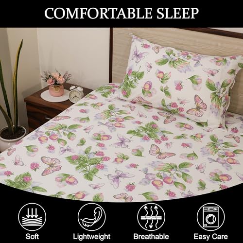 Image of King Size Bedsheet - Butterfly Meadow Print - 108x108 Inches - Ultra Soft Brushed Microfiber Flat Sheet with Pillow Covers - Cooling, Lightweight, Wrinkle & Fade Resistant