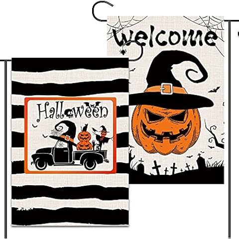 2 Pcs Decorative Halloween Garden Flags 12x18 Double-Sided, Burlap Witch Hat Scarecrow Farm Truck Flag, Festive Fall Pumpkin Scary Garden Decor Decorative Halloween Outdoor Banners Welcome Sign Cover