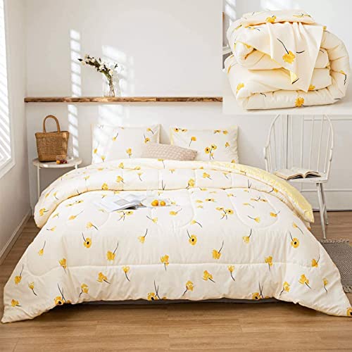 Bedorm Yellow Flowers Comforter Set Garden Floral Bedding Set Lucky Clover And Yellow Plaid Reversible Design Botanical Comforter Queen 1 Comforter 2 Pillowcases (Queen, Yellow) #TOP3