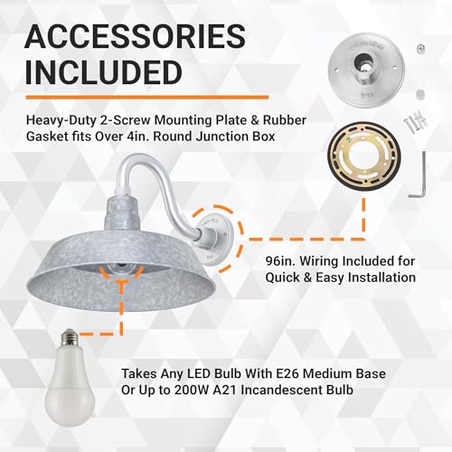 Image of 14in. Galvanized Finish Outdoor Gooseneck Barn Light Fixture with 10in. Long Extension Arm - Wall Sconce Farmhouse, Vintage, Antique Style - UL Listed - 9W 900lm A19 LED Bulb (5000K Cool White)