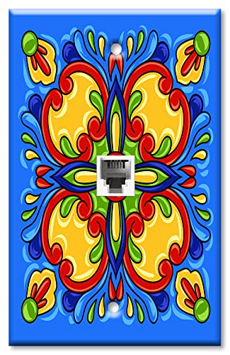 Art Plates - Decorative Printed 2 Port Data Wall Plate - RJ11 Telephone Jack Connector and RJ45 (Cat5, Cat6, Cat7) Ethernet Connector - Gold-Plated Contacts - Blue Mexican Talavera Tile Print