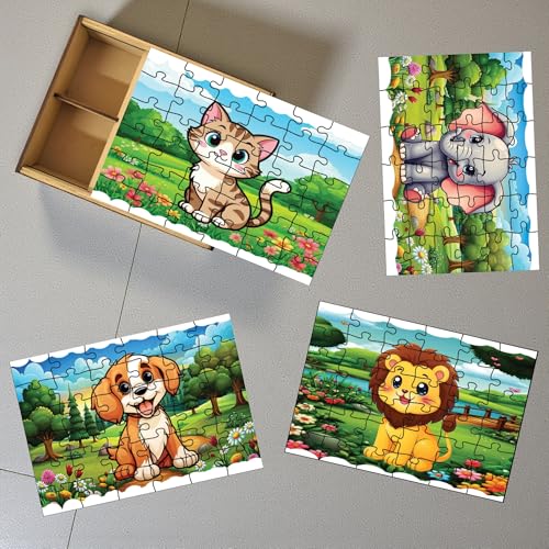 Image of Wooden Animal Jigsaw Puzzle Set for Kids (3+ Years) | 4-in-1 Cartoon Animal Puzzles with Wooden Storage Box | Learning Toy for Brain Development & Motor Skills