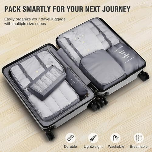 Image of Nylon 7 Pcs Travel Organizer Pouch Packing Cubes For Travel Clothes Space Savers Bags Cosmetics /Underwear /Socks /Shoes Toiletry Organiser Pouch (Gray)