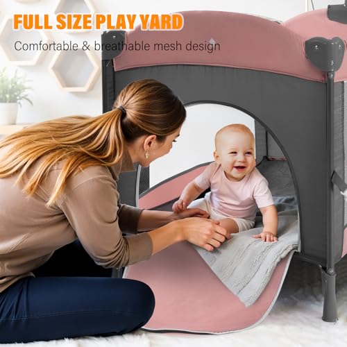 Image of Soobaby 5 in 1 Baby Crib,Baby Bassinet, Bedside Cribs, Pack and Play with Changing Table, Portable Travel bedToys & Music Box,Mattress for Girl Boy Infant Newborn (Pink)