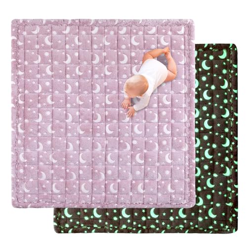 Image of HOMBYS Glow in The Dark 50x50 Play Mat for Playpen, Soft Velvet Baby Playpen Mat for Kids Toddler Crawling and Play, Non-Slip and Washable Playmat, Stars Moon, Pink