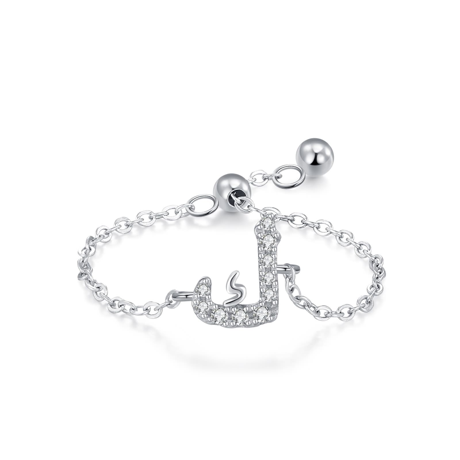 Bague de fiançailles en or blanc 9 K/14 K/18 K, chaîne réglable, alphabet arabe, bagues pour couple avec moissanite véritable, alliances au or blanc 375/585/750, taille 47-65