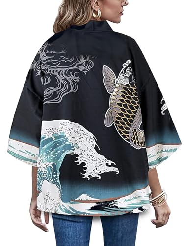 Image of LAI MENG FIVE CATS Women's Floral Print Loose Blouse Japanese Kimono Tops | Puff Sleeve,Cover up Top,Casual Cute Tops,Summer Cardigans 2026