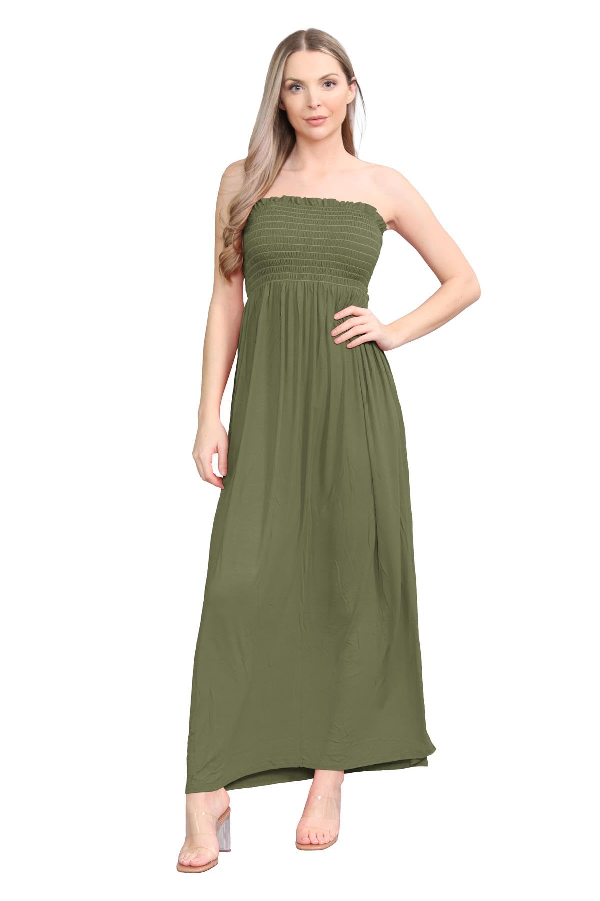 Hamishkane Women's Khaki Hamishkane® Plain Maxi Dress, Bandeau Strapless Dress, Sheering Gathered Boobtube Dress, Casual Dresses Long Summer Dresses For Uk