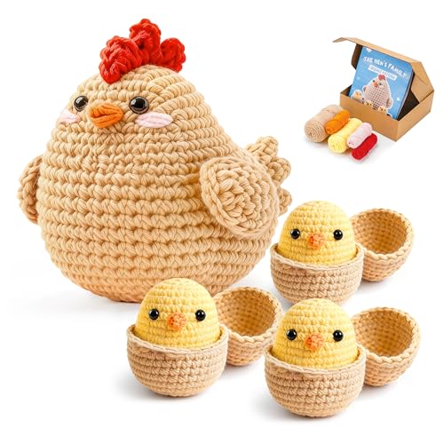 Joyclub 4 Pcs Crochet Kit for Beginners Crochet Starter Kits for Adults and Kids Great Christmas Gifts for Crocheting Lovers with Step by Step Video Amigurumi Chicken Family Knitting Kit DIY