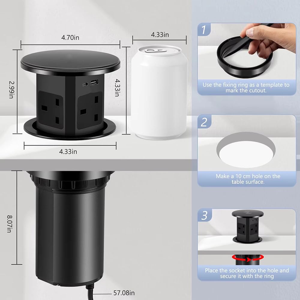 Gniazdka Wysuwane Do Blatów Kuchennych,Inteligentne Podnoszenie,Z Ładowarką Bezprzewodową 15W,Z 4 Gniazdami Ac,Portami Usb-C + Usb-A,Ukryta Konstrukcja,Hydrauliczne Gniazdo Podnoszące C