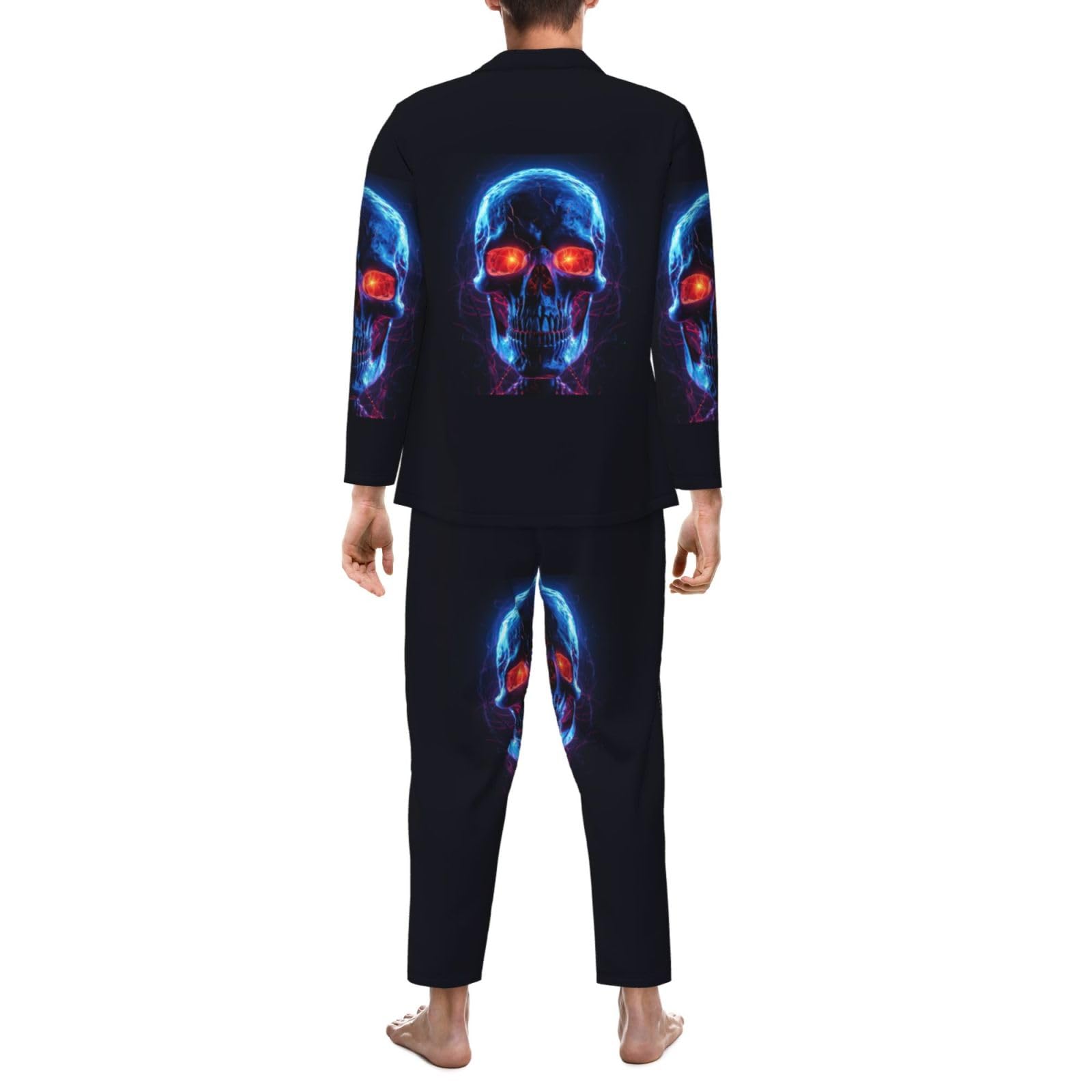 Langärmeliges Pyjama-Set für Herren, Halloween, Totenkopf-Aufdruck, zweiteilig, Hauskleidung, bequeme Nachtwäsche