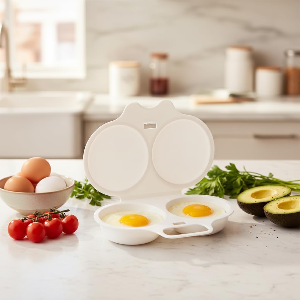 1Pc White Egg Poacher, Microwave Egg Boiler Poacher, 2 Cavity Nonstick Poached Egg Maker With Lid, Egg Poacher Microwave Egg Cooker, Double Drain Poached Egg Cups Cookware（13 * 5cm）