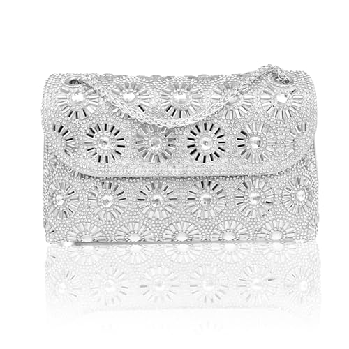 Image of Flower Rhinestone Crystal Clutch Purse Shoulder Bag Sparkling Evening Bag for Wedding Prom Party Bride Guest