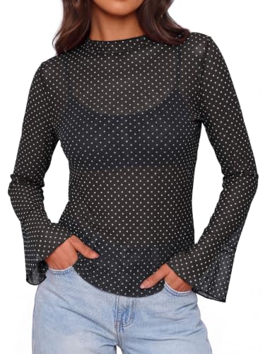 UNCLECAT Women's Mesh Polka Dot Ruffle Bell Long Sleeve Top (Various) 5.99 + Free Shipping w/ Prime or on 35+ + 40% Off Code 6Z2CVRK2 - image 1