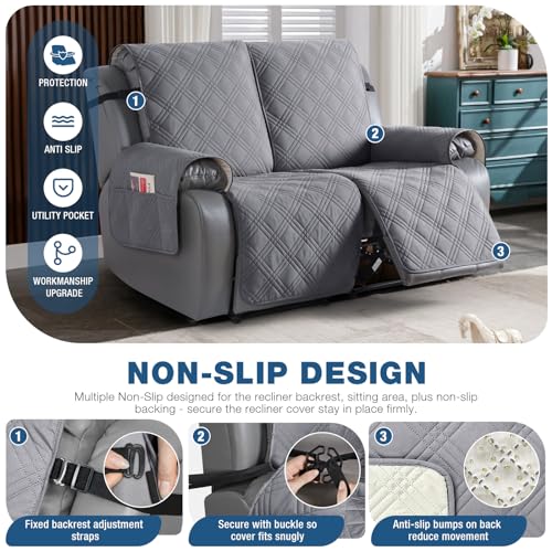 Image of TAOCOCO 100% Waterproof Loveseat Recliner Cover, Non Slip Split Loveseat Covers for Reclining Loveseat with Elastic Straps, Washable Recliner Chair /Furniture Protector for Kids Pets(2 Seater, Gray)