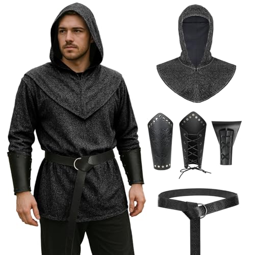 Renaissance Chain Mail Armor Tunic Shirt Medieval Knight Costume Set (Black Small)
