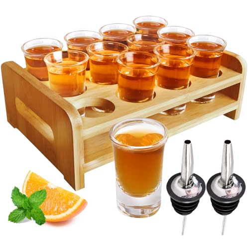 Schnapsglas Schnapsgläser 3cl Schnapsglas-Set mit Tablett, Schnapsgläser 12 Stück 30ml, Schnapsgläser 12er Set mit Brett, Schnapsglas-Halter, Gerade, Dicke Basis, Klares Glas für Party, Club, Bar