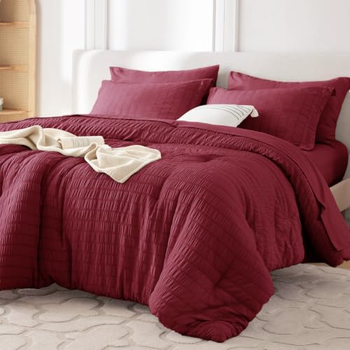 Image of MUXHOMO 7 Pieces King Comforter Set, Seersucker Bed in a Bag King Size, All Season Luxury Bedding Set with Comforter, Flat Sheet, Fitted Sheet, Pillowcases & Shams, Burgundy