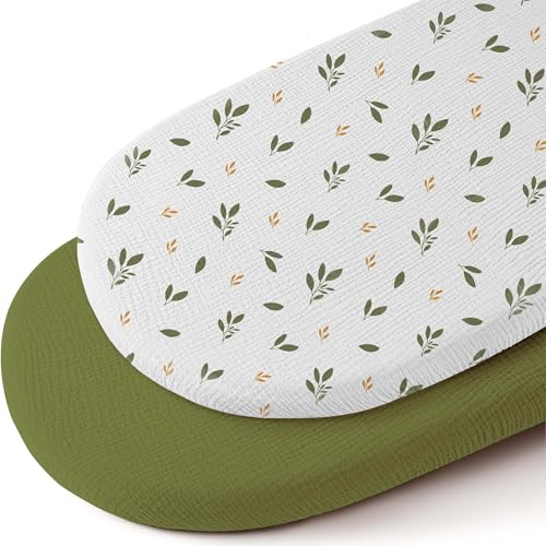 Image of Mi Flor Muslin Bassinet Sheets – 16x32x4 Bassinet Mattress Sheets,2 Pack Cotton Bassinet Sheets for Boys & Girls,100% Cotton Crinkle Muslin, Fitted Bassinet Sheet for Oval, Rectangle & Hourglass