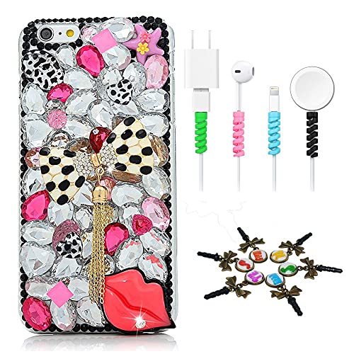 STENES Bling Case Compatible with iPhone 11-3D Handmade [Sparkle Series] Leopard Bowknot Chain Pendant Sexy Lips Cover with Cable Protector [4 Pack] - White