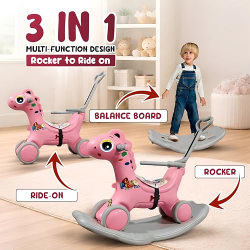 Image of 3 in 1 Push Ride On Rocker Horse for Kids with Parent Handle & Safety Belt, Convertible Rocking Horse to Ride On Toy, Non Toxic Plastic Baby Rider for 1 to 5 Years Boys & Girls (Pink)