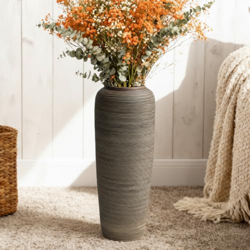 JIDOFUE Jarrón de suelo marrón de cerámica vintage, 50 cm, estilo bohemio rústico para hierba de Pampas, flores o decoración, perfecto para salón, entrada o mesa