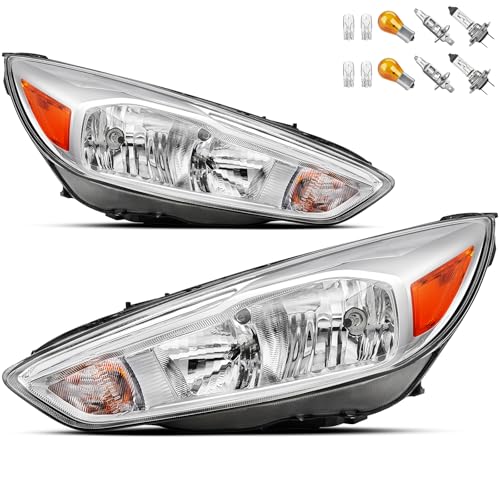 REINKO Headlights Assembly Compatible With 2015-2018 Ford Focus Halogen Headlamp Chrome Housing Amber OE Style For 2015 2016 2017 2018 ST/SE/S Headlights