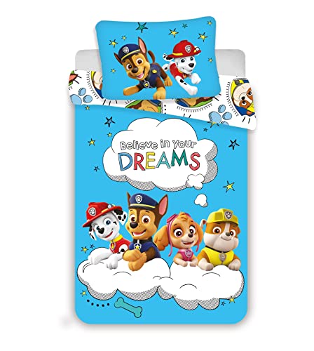 Jerry Fabrics Juego de ropa de cama infantil de la Patrulla Canina, Believe in Your Dreams, azul, con Marshall Rubble Skye y Chase, funda nórdica de 100 x 135 cm