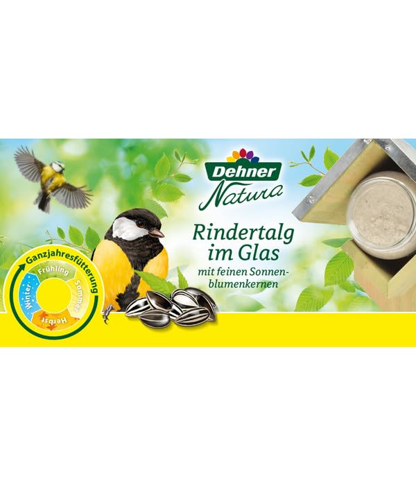 Dehner Natura Premium Wildvogelfutter, Rindertalg im Glas, Sonnenblumenkerne, Ganzjahresfutter energiereich / zuckerfrei, hochwertiges Vogelfutter für Wildvögel, 8 x 250 g (2 kg)