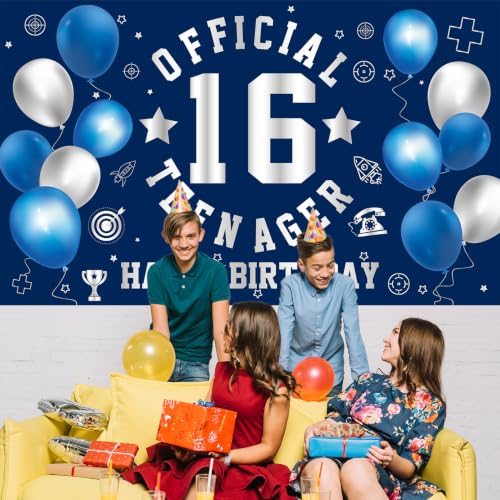 Image of 16th Birthday Decorations for Boys Happy 16th Birthday Banner Blue Silver | Large Official Teenager Sweet 16th Backdrop 16 Year Old HBD Party Decorations Supplies