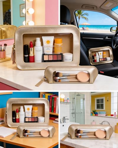 Image of 2Pack Clear Makeup Bags, Makeup Pouch for Purse Slim Make Up Brush Bag for Girls Car Accessories Essentials for Women(2Pack-Gold Set)