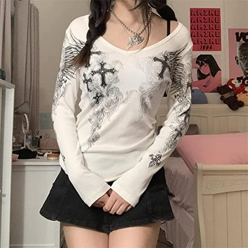 DAPOGO Y2K Long Sleeve Shirts voor dames, crop top, Harajuku T-shirts, bloemenprint, shirt jaren 90, meisjes, t-tops… - Image 3