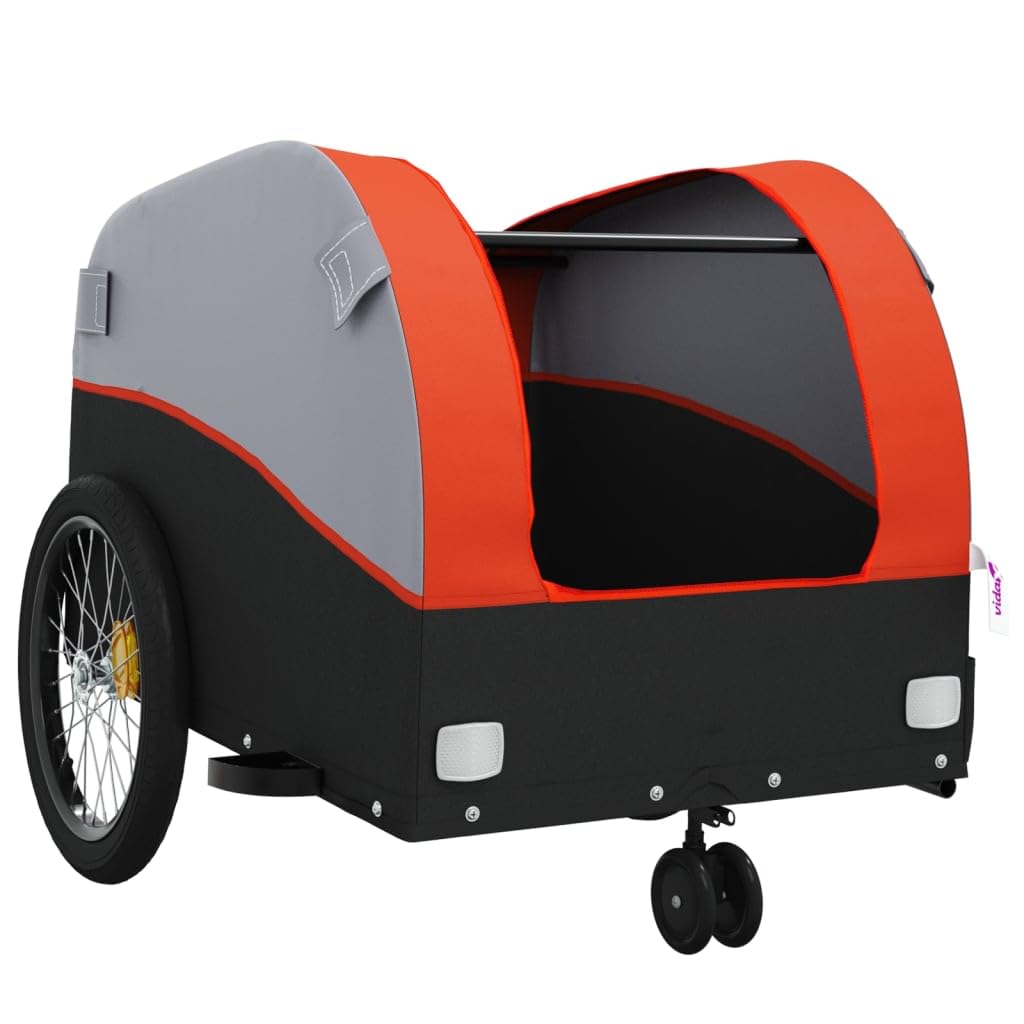 Remolque de bicicleta negro y naranja de hierro con capacidad de carga de 30 kg, 123 x 52 x 53 cm, bandera de seguridad, plegable para cargas, niños, perros, transporte al aire libre y viajes