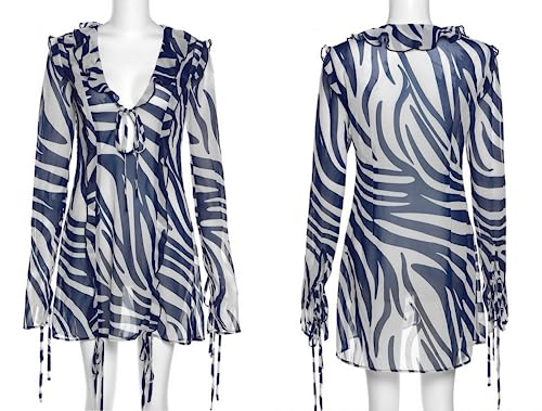 Image of Women's Sexy Ruffle Trim See Through Mesh Mini Dress Elegant Tassel Striped Long Sleeve Bodycon Party Beach Dress