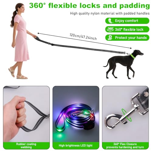 LED Hundeleine USB wiederaufladbar, 1,2 m wasserdicht & reflektierend, 3 Beleuchtungsmodi, Sicherheits-Leine für nächtliche Spaziergänge, Leuchtend Leine Hund für Große, Mittelgroße&Kleine Hunde