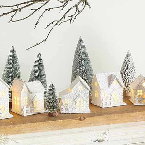 Casas de Pueblo Navideñas Blancas Iluminadas con 8 Mini Árboles para Mesa 6
