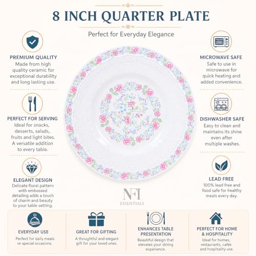 Image of NFI essentials 8 inch Ceramic Quarter Plate with Elegant Blue Floral Design, Premium Serving Plate for Snacks, Desserts, Breakfast & Appetizers, Microwave & Dishwasher Safe