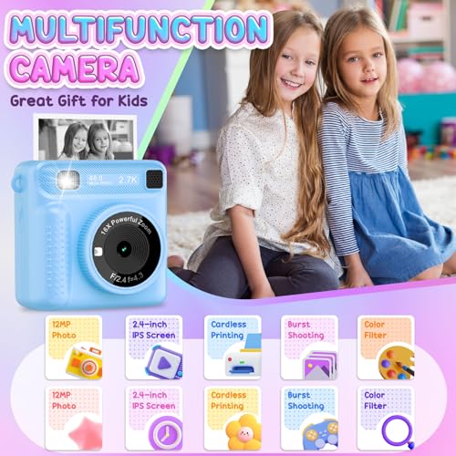 كاميرا للاطفال بطباعة فورية، كاميرا محمولة مع بطاقة 32G وفيديو 1080p، ورق طباعة، كاميرا طباعة فورية مع اقلام ملونة للاعمال اليدوية، اكثر من 3 سنوات، هدايا عيد ميلاد للاولاد والبنات (ازرق)
