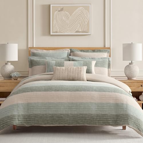 Levtex Home Sand Stripes Sage King/Cal King Comforter Set (106x94in) with 2 Pillowcases (36x20in) - Woven Jacquard Stripe - Sage, Green, Beige, White - Cotton King Size Comforter Set - Soft by Levtex Home - Used condition - Image 2