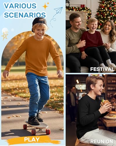 Image of 4 Pack Boys Long Sleeve Waffle Shirts | School Sweaters for Boys, Waffle Knit Thermal Shirts, Crewneck Thermal Casual Tops, Fall, Winter, Kids Clothes for 5-14 Y